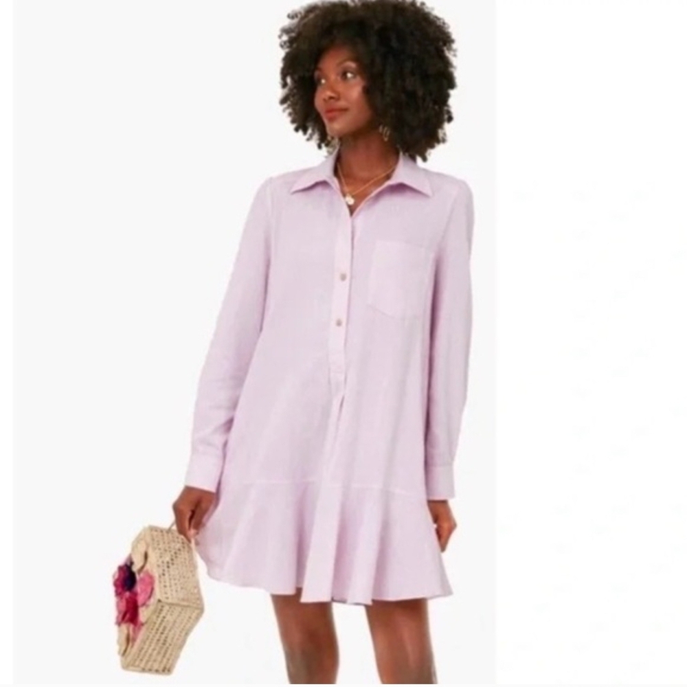 Tuckernuck Callahan Shirt Dress Pink Ruffle Hem Long Sleeve Size L
